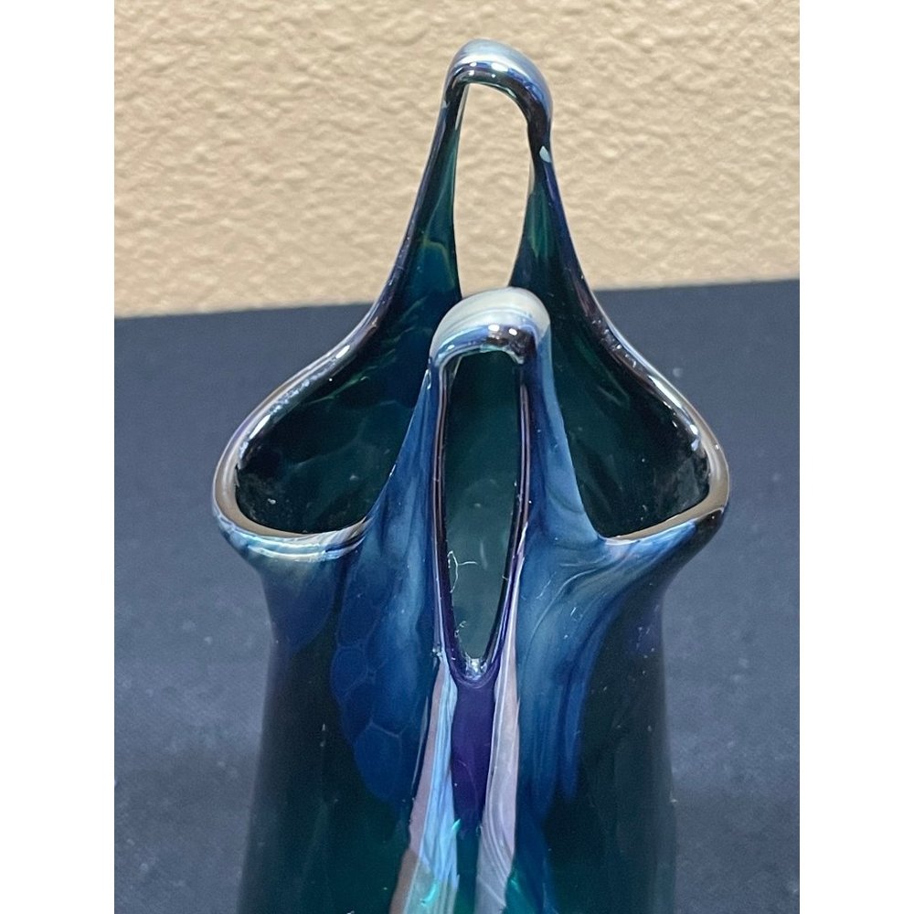 Rare Vintage Hand Blown Glass Paper Bag Vase Signed Sea Foam Blue Color - Picture 10 of 13